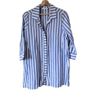 Foxcroft NY Blue White Striped Tunic Shirt - Size 8 - Linen Blend Coastal Beachy